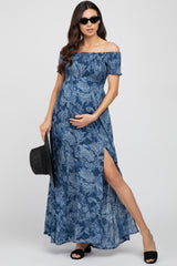 Navy Floral Off Shoulder Smocked Maternity Maxi Dress