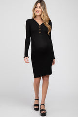 Black Ribbed Button Down Maternity Fitted Dress
