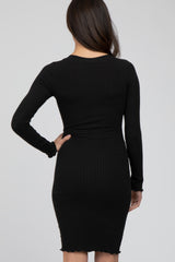 Black Ribbed Button Down Fitted Dress