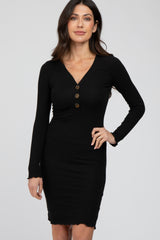 Black Ribbed Button Down Fitted Dress