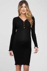 Black Ribbed Button Down Maternity Fitted Dress
