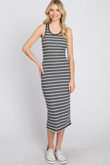 Black White Striped Ribbed Fitted Midi Dress