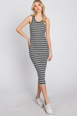 Black White Striped Ribbed Fitted Midi Dress