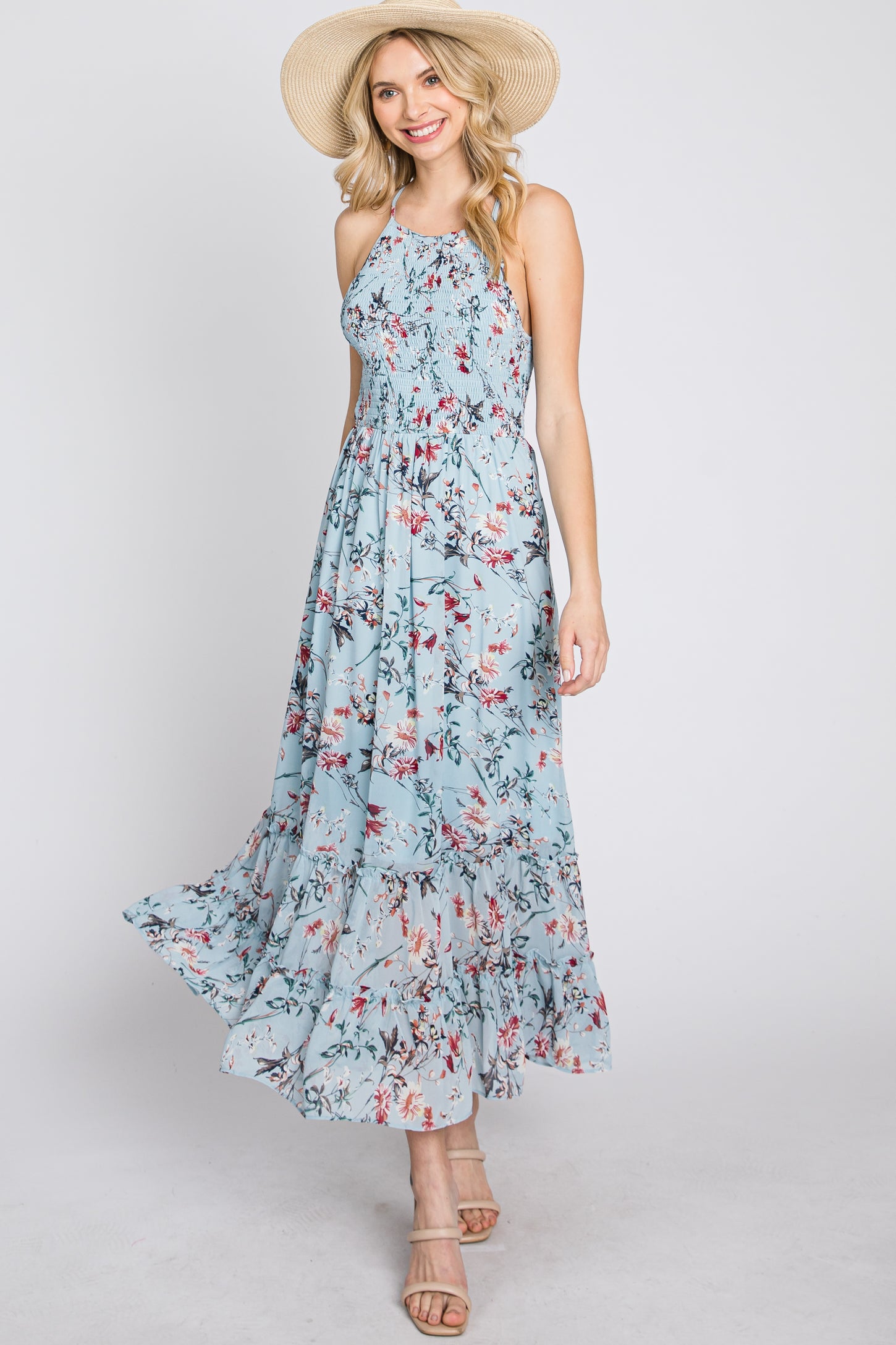 Light Blue Floral Chiffon Smocked Midi Dress