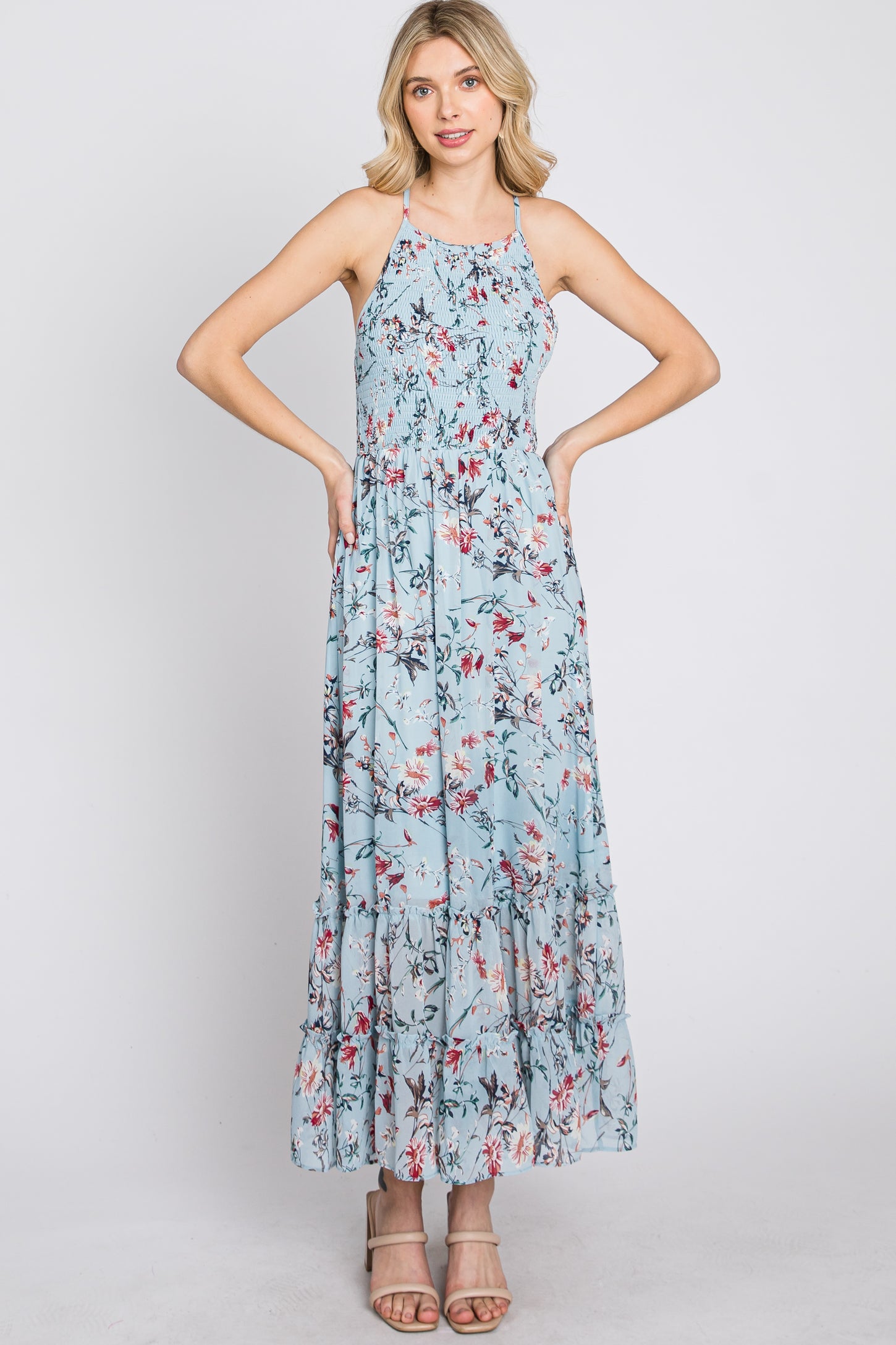 Light Blue Floral Chiffon Smocked Midi Dress