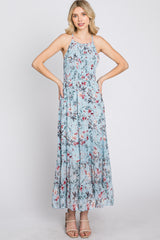 Light Blue Floral Chiffon Smocked Midi Dress