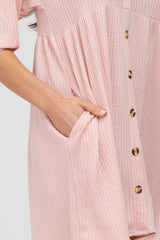 Pink Button Accent 3/4 Sleeve Dress