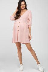 Pink Button Accent 3/4 Sleeve Maternity Dress