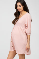 Pink Button Accent 3/4 Sleeve Maternity Dress