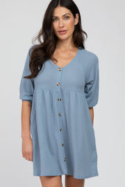 Blue Button Accent 3/4 Sleeve Dress