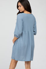 Blue Button Accent 3/4 Sleeve Maternity Dress