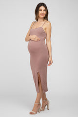 Mocha Cutout Side Slit Maternity Midi Dress