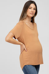 Camel V-Neck Short Sleeve Maternity Top