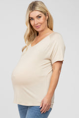 Beige V-Neck Short Sleeve Maternity Top