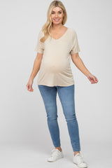 Beige V-Neck Short Sleeve Maternity Top