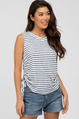 Navy Striped Sleeveless Ruched Top
