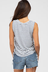 Navy Striped Sleeveless Ruched Top