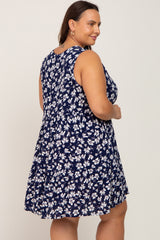 Navy Floral Sleeveless Tiered Plus Dress