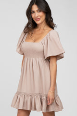 Taupe Smocked Tie Back Ruffle Dress