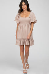 Taupe Smocked Tie Back Ruffle Dress