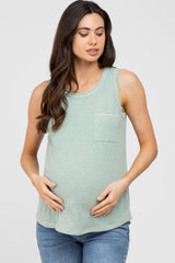 Mint Green Heathered Sleeveless Pocket Front Maternity Top