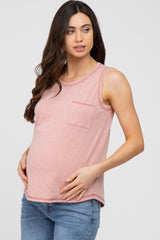 Pink Heathered Sleeveless Pocket Front Maternity Top