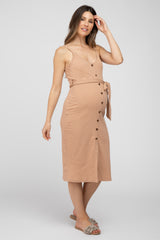Beige Ribbed Sash Tie Maternity Midi Dress