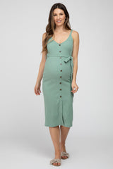 Light Olive Ribbed Sash Tie Maternity Midi Dress
