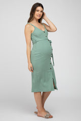 Light Olive Ribbed Sash Tie Maternity Midi Dress