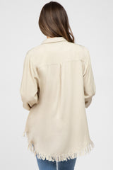 Beige Distressed Hi-Low Button Up Maternity Top