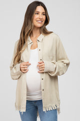 Beige Distressed Hi-Low Button Up Maternity Top