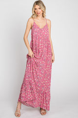 Pink Floral Sleeveless Ruffle Hem Maxi Dress