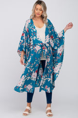 Teal Floral Flowy Round Hem Maternity Cover-Up