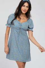 Blue Floral Cinched Sweetheart Neck Maternity Dress