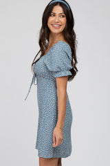 Blue Floral Cinched Sweetheart Neck Dress