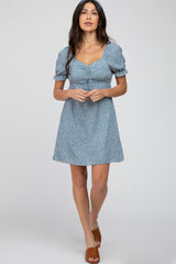 Blue Floral Cinched Sweetheart Neck Dress