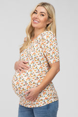 Ivory Floral Ruched Ribbed Maternity Top