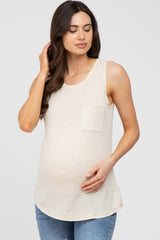 Beige Striped Pocket Front Sleeveless Maternity Top