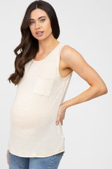 Beige Striped Pocket Front Sleeveless Maternity Top