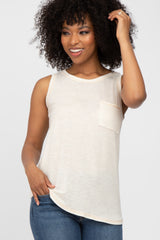 Beige Striped Pocket Front Sleeveless Top