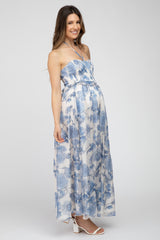 Blue Floral Halter Neck Tie Maternity Maxi Dress