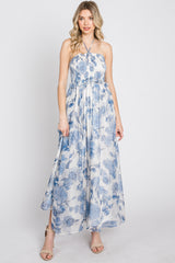 Blue Floral Halter Neck Tie Maternity Maxi Dress