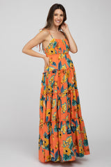 Coral Floral Shoulder Tie Tiered Maternity Maxi Dress