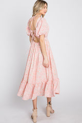 Pink Floral Puff Sleeve Midi Dress