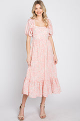 Pink Floral Puff Sleeve Midi Dress
