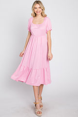 Pink Square Neckline Midi Dress