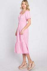 Pink Square Neckline Midi Dress