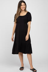 Black Square Neckline Maternity Midi Dress