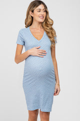 Light Blue Ditsy Floral V-Neck Maternity Dress