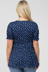 Navy Ditsy Floral Smocked Sleeve Maternity Wrap Top